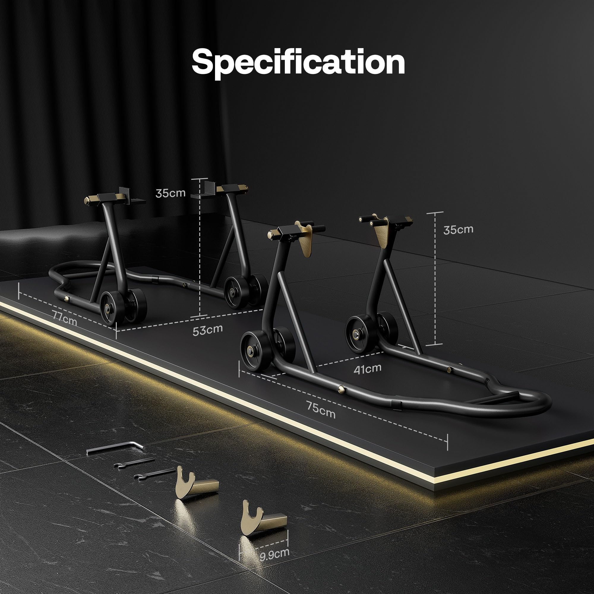 SPECSTAR Motorcycle Paddock Stand Combo 400kg Capacity Front and Rear Wheel Lift with U & L Fork Adjustable Swingarm Spool Stands for Motorbike Garage Repair Use Scissor Stand with 4 Wheels