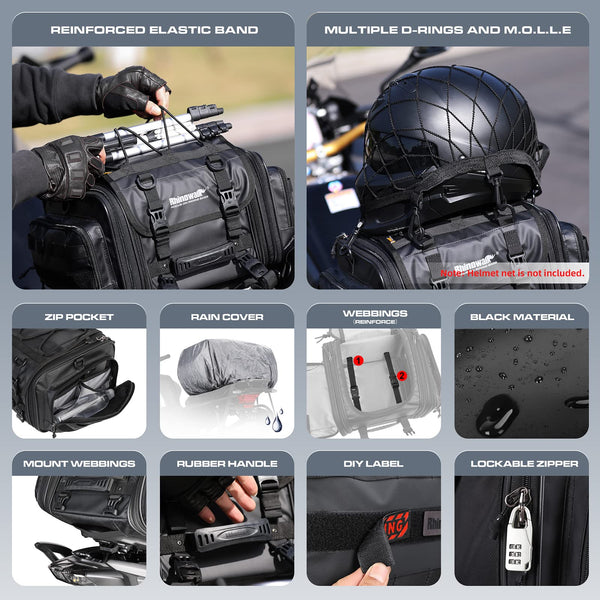 Rhinowalk Motor Pannier Bag Motorcycle Seat Bag Waterproof Travel Luggage Expandable19-26L, Black (MT4026)