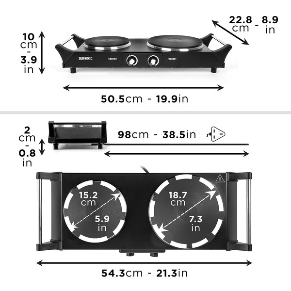Duronic Hot Plate HP2 BK, Table Top Cooking, 2500W Black Steel Electric Double Hob with Handles, 2 Cast Iron Portable Hob Burner Rings (1500W & 1000W)
