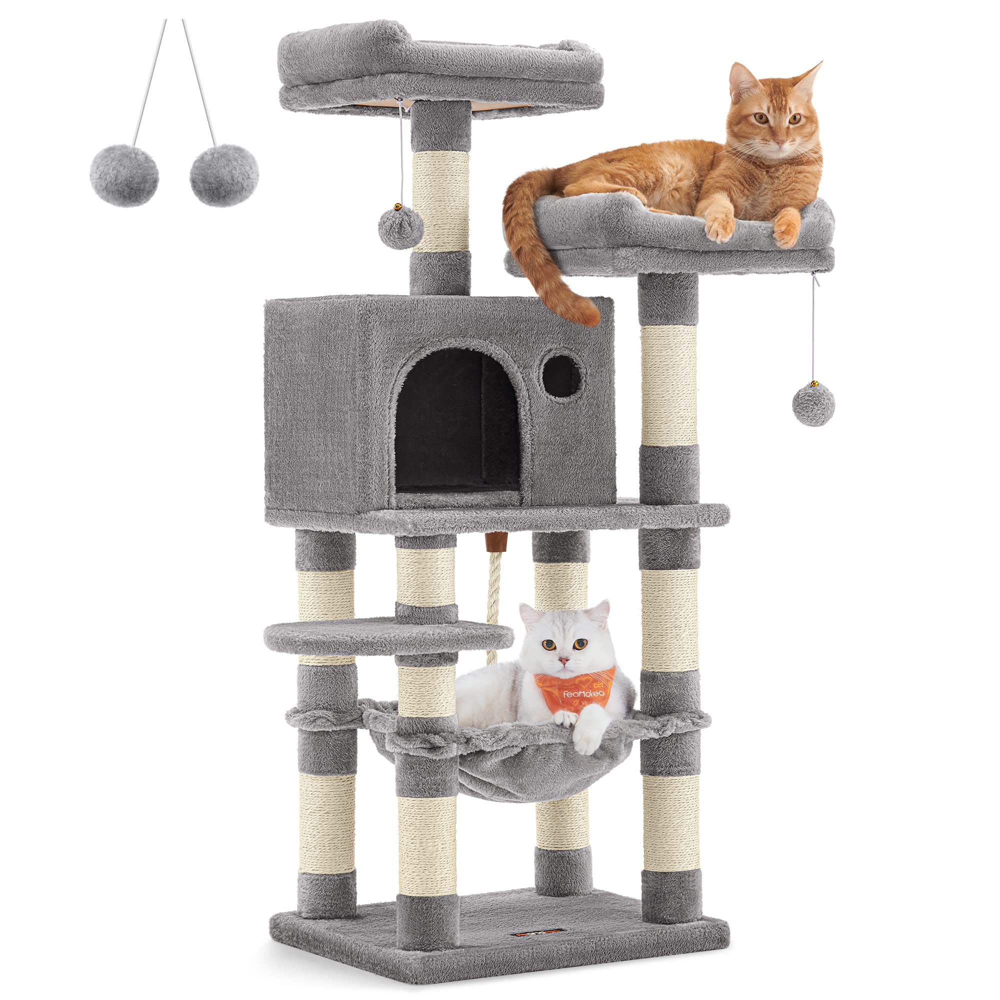 Feandrea Cat Tree, 112 cm Cat Tower for Indoor Cats, Multi-Level Plush Cat Condo with 11 Scratching Posts, Perches, Cave, Hammock, Pompoms, Light Grey