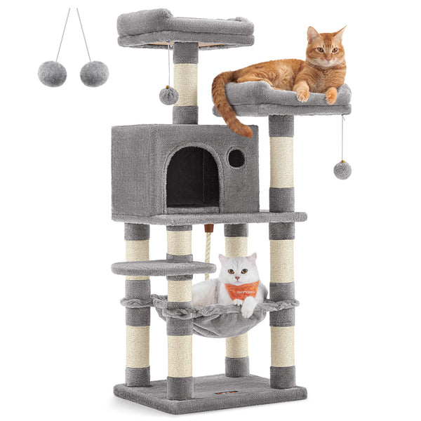 Feandrea Cat Tree, 112 cm Cat Tower for Indoor Cats, Multi-Level Plush Cat Condo with 11 Scratching Posts, Perches, Cave, Hammock, Pompoms, Light Grey