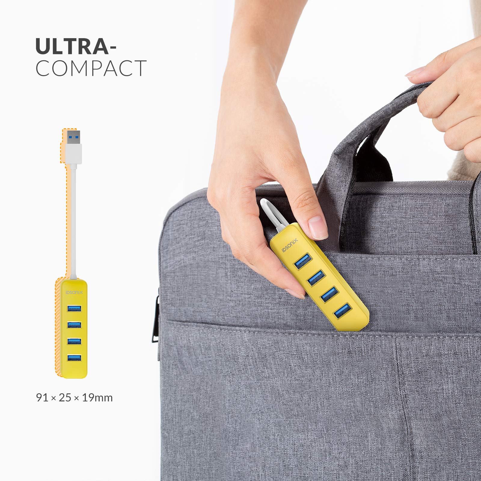 iDsonix USB hub, 4-Port USB 3.0 Hub, 5Gbps HighSpeed Data Transmission USB Hub for Laptop, iMac, Surface Pro, XPS, USB Flash Drives, Mobile HDD, Xbox, Printer, Camera, and More - Yellow