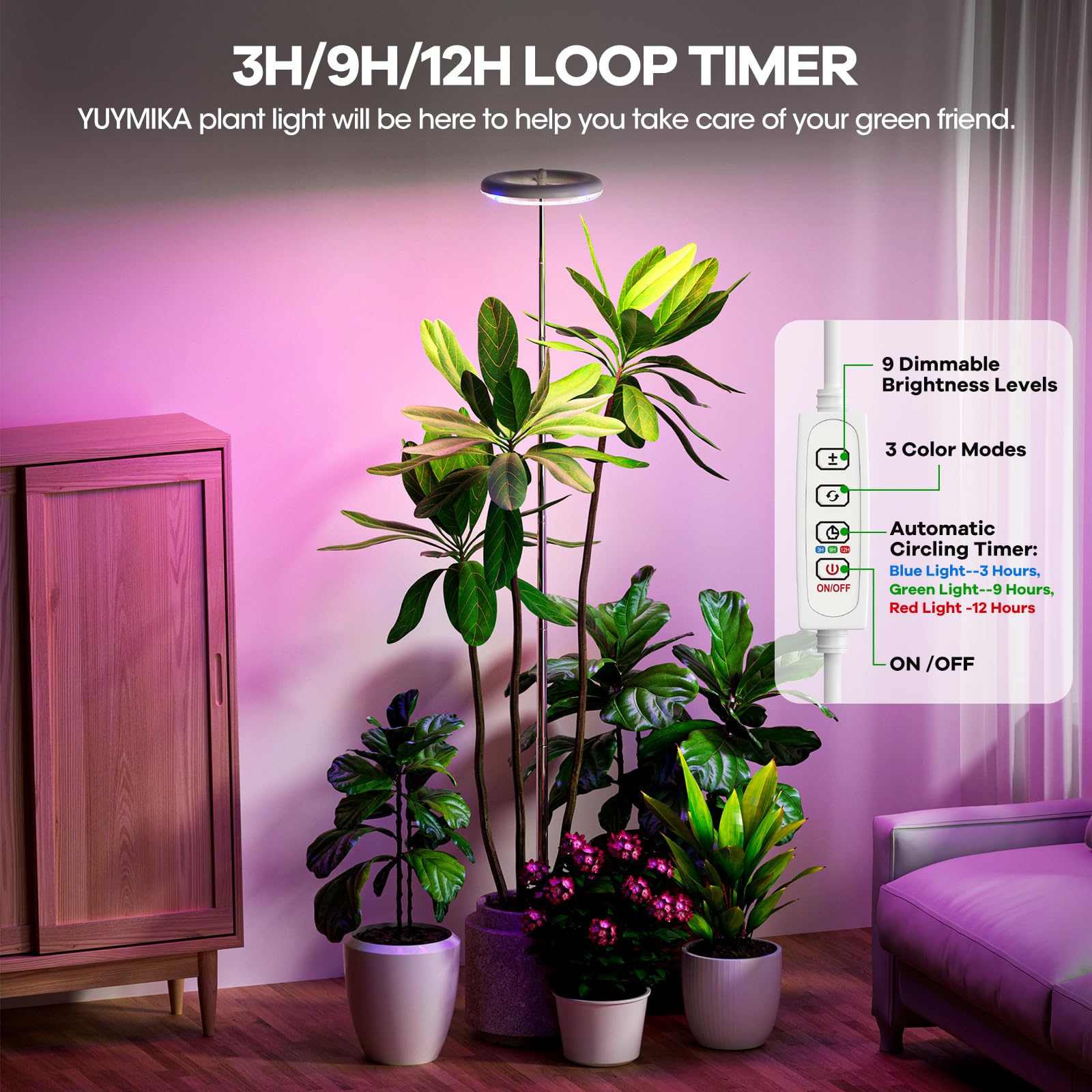 YUYMIKA Grow Lights for Indoor Plants, 72LED Full Spectrum Growing Lamp for Indoor Plants, 10 Brightness, 3/9/12Hrs Timer, 30~160CM Adjustable