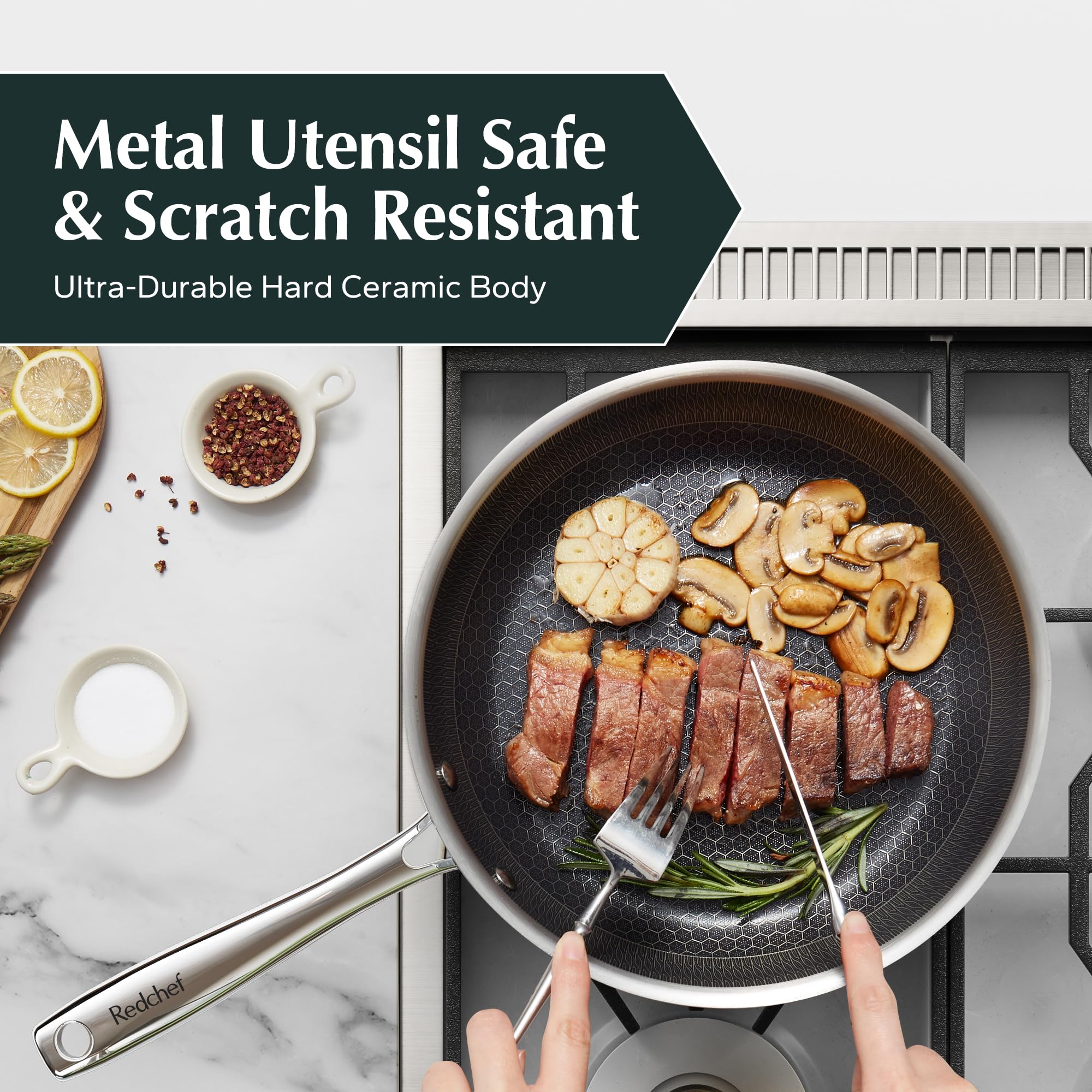 Redchef Non Stick Hybrid Egg/Omelette Pan,20cm Ceramic Frying Pan,Tri-Ply Stainless Steel Skillet,Non Toxic,PFAS PFOA/PTFE Free,Dishwasher/Oven Safe,Suitable for Induction Hobs,8"(Beige)