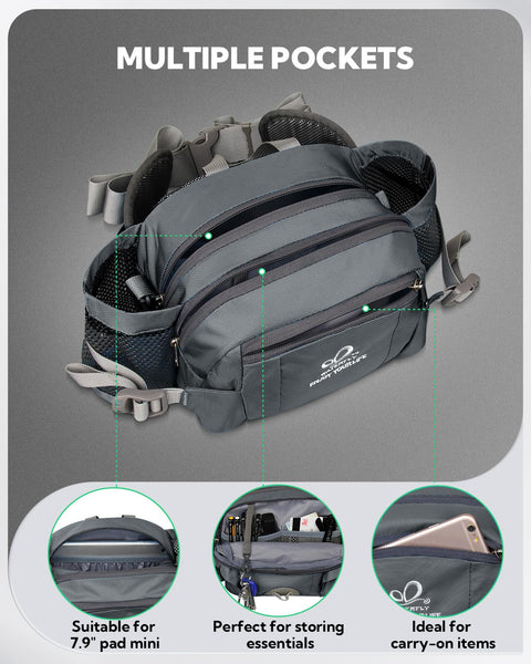 Waterfly Hiking Waist Pack Bum Bag Waist Bag with Bottle Holder Running Bag for Camping Climbing Travel Cycling and Dog Walking