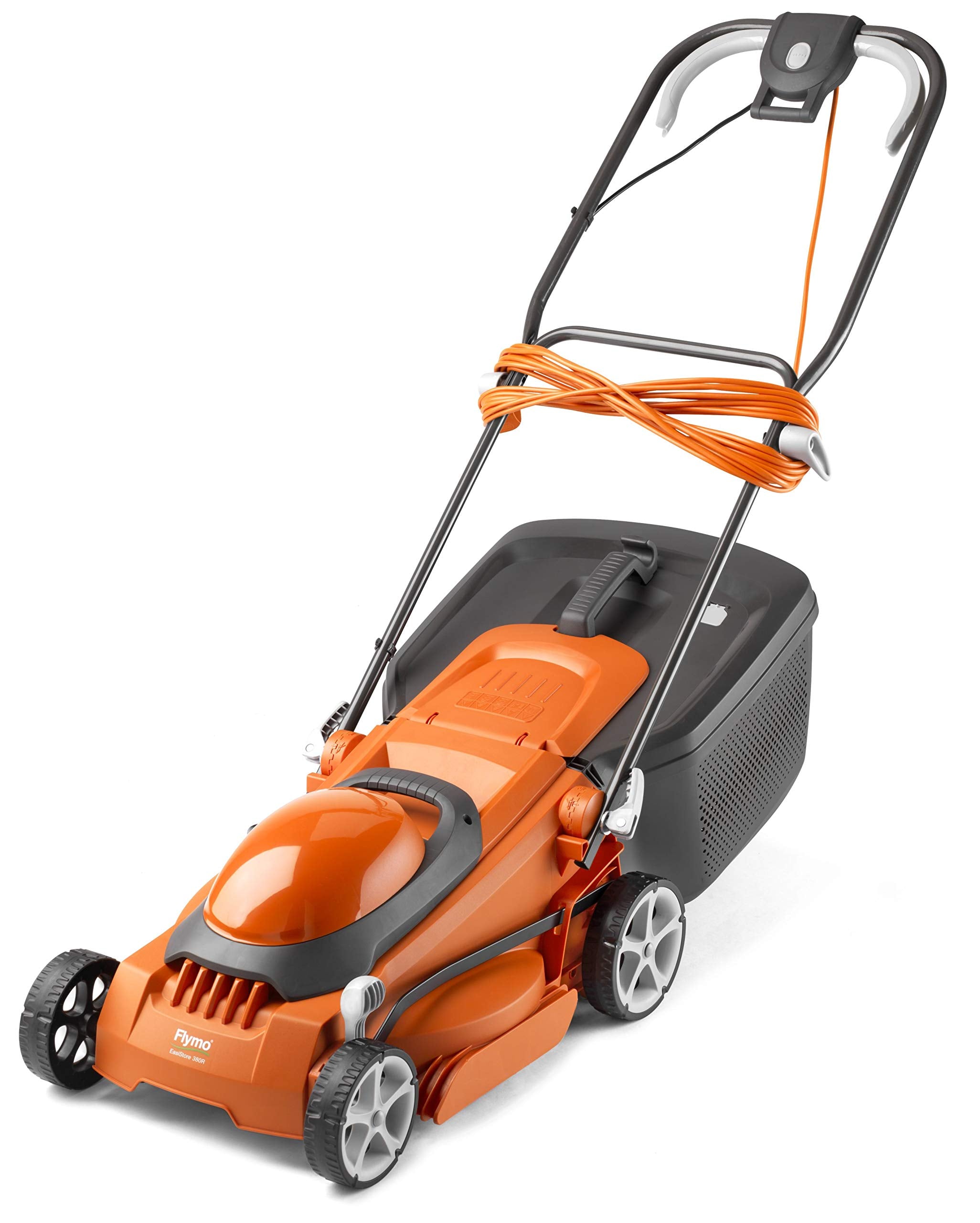 Flymo EasiStore 380R Electric Rotary Lawn Mower - 38 cm Cutting Width, 45 Litre Grass Box, Close Edge Cutting, Rear Roller, Central Height Adjust, Space Saving Storage Features