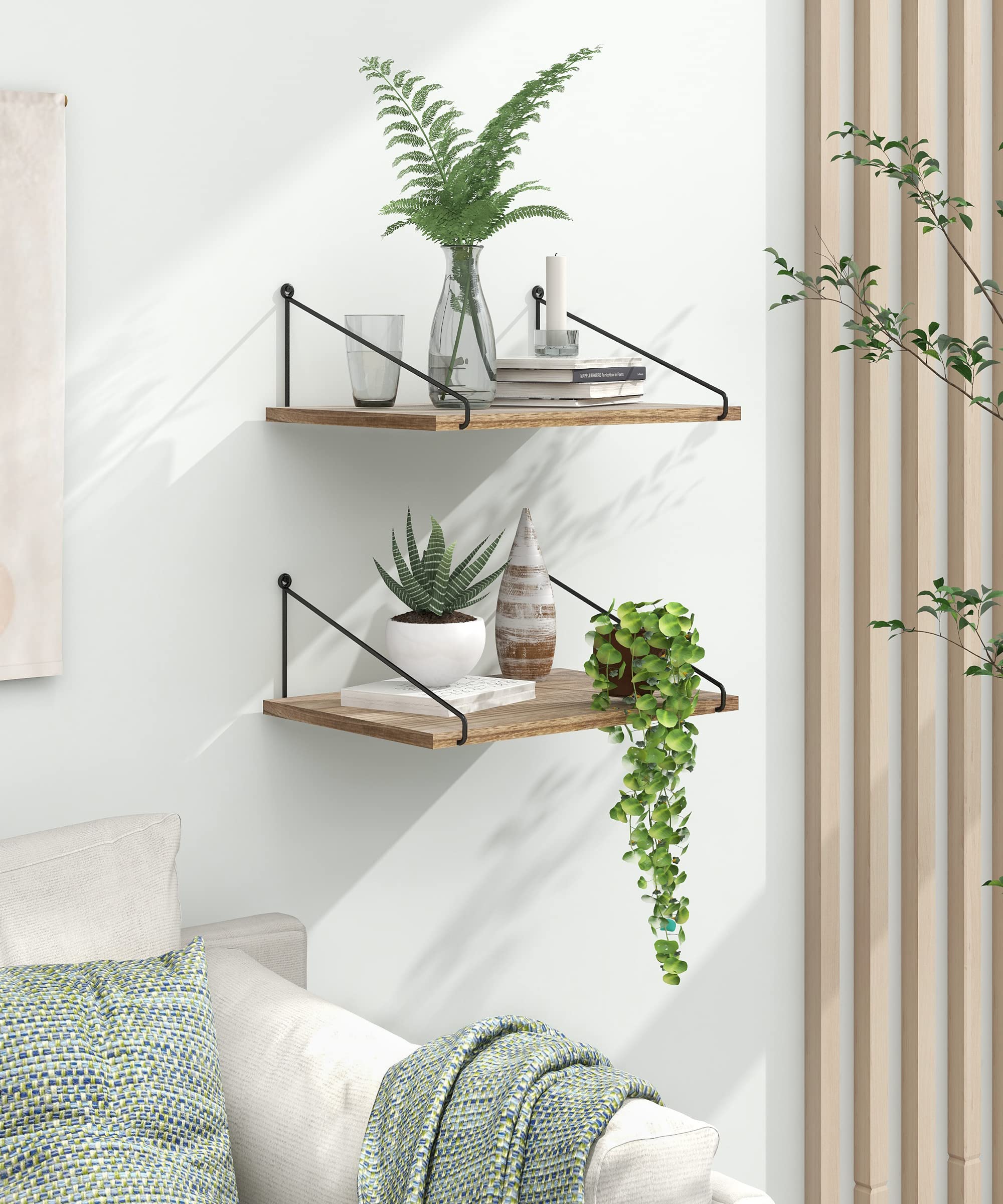 Afuly Wide Rustic Floating Shelves Deep Wooden 12 inch Wall Shelf Large Wall Organizer Storage Shelves with Bracket for Bedroom, Bathroom, Living