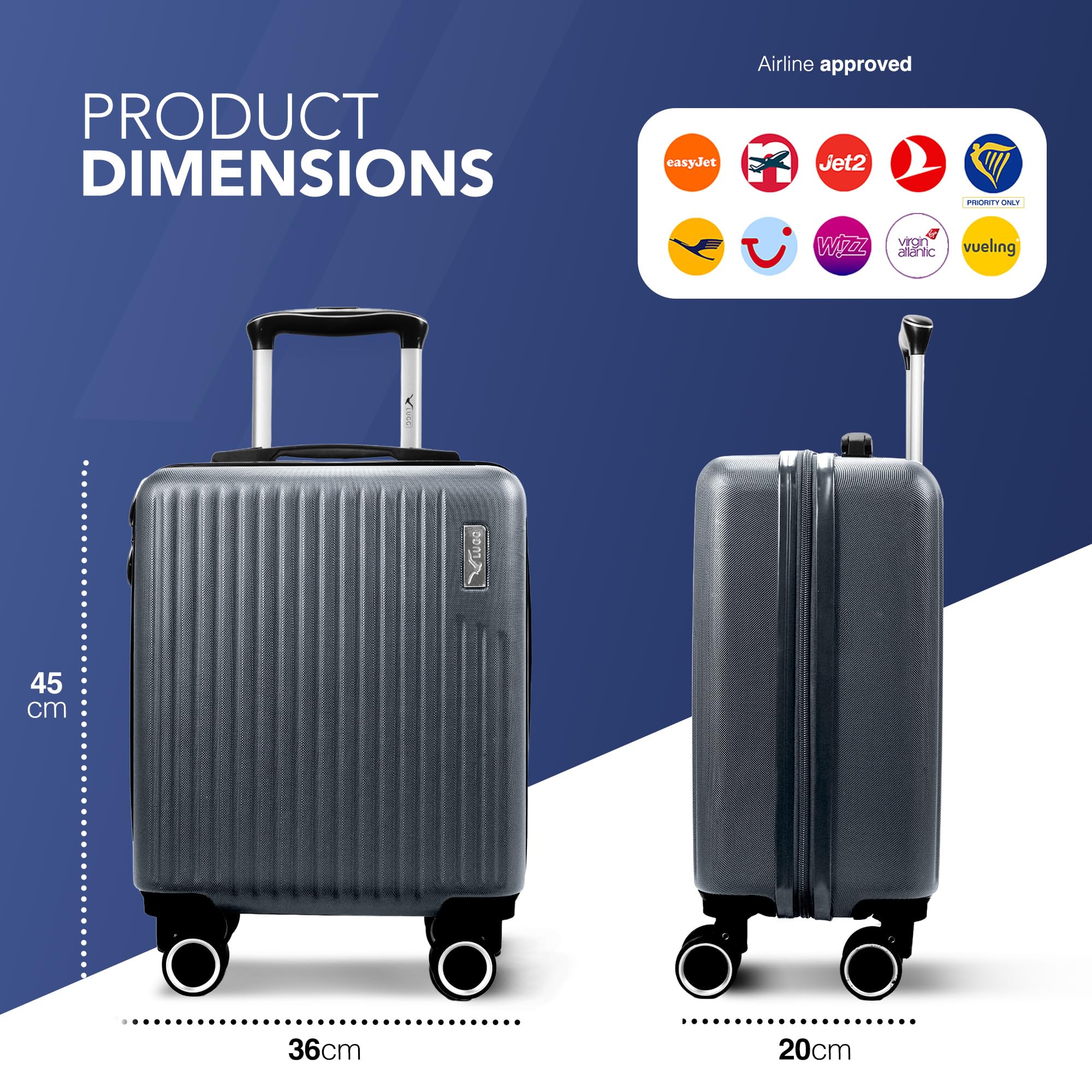 LUGG 15 Inch Vacay Cabin Case - 45x36x20 cm, Airline Approved Carry On Suitcase, ABS Lightweight Suitcase, Water Resistant Hard Suit Case with 360° Spinner Wheels, Carry On Bag with TSA Indent Lock