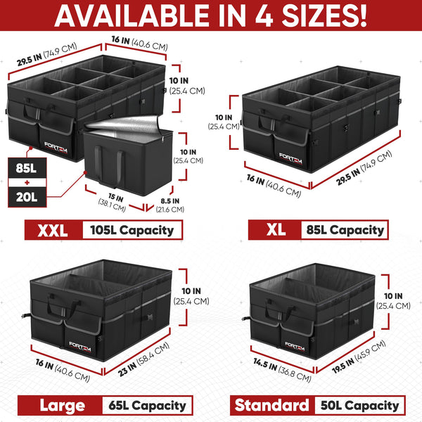 FORTEM Car Boot Organiser, Collapsible Multi Compartment SUV Organizer, Foldable Storage for Car Accessories for Women Men, 600D Oxford, Non Slip Bottom, Securing Straps, Soft Cover (50L)