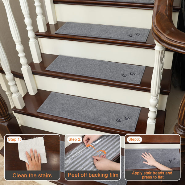 BEQHAUSE Stair Treads - Non-Slip, Machine Washable Carpet Stair Runner 22x70cm, Soft Indoor, 15pcs, Grey