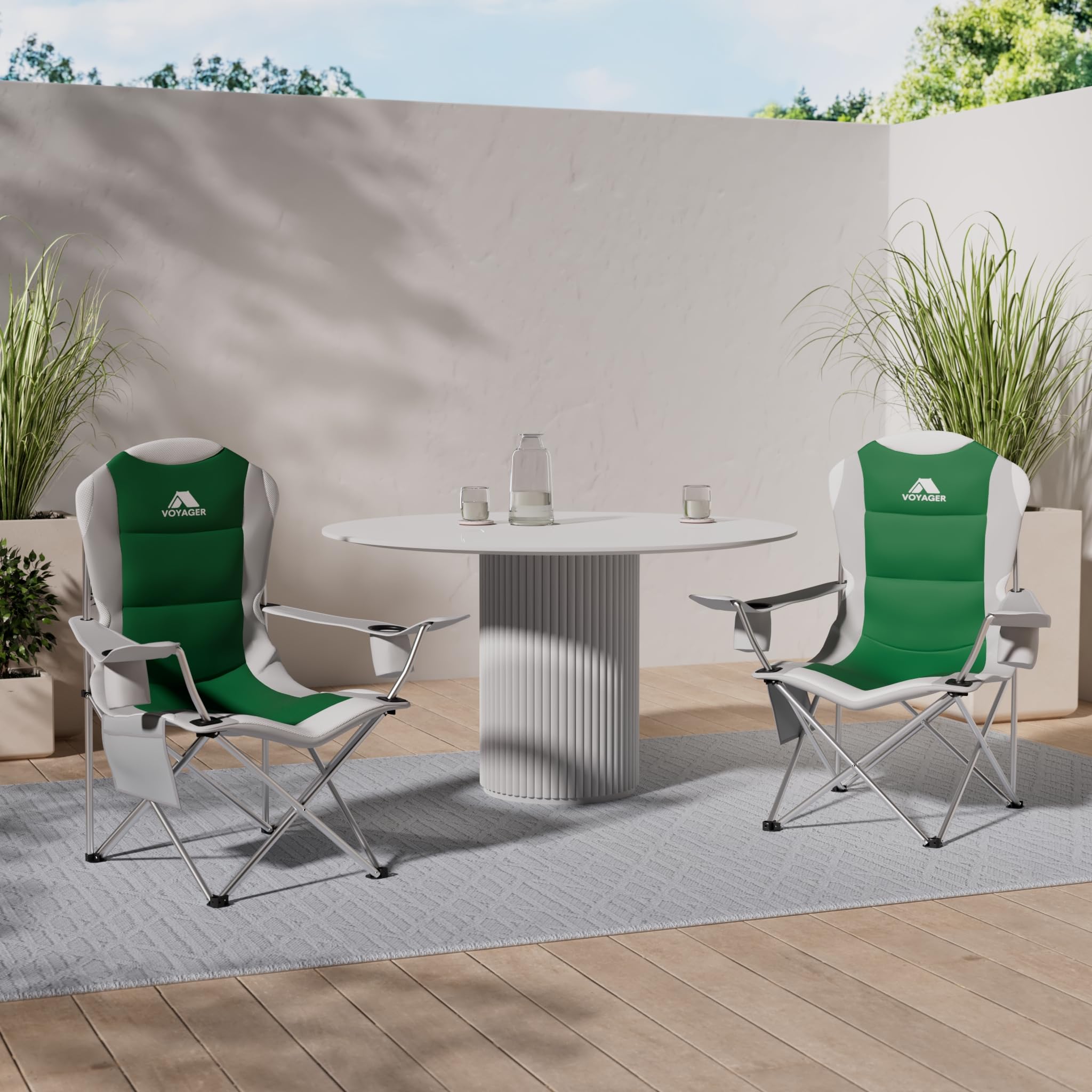 Voyager Folding Camping Chairs 2 Pack with Cooler Bag, Lightweight Q195 Steel Frame, 600D Oxford Fabric, Portable & Comfortable - Black (Black, Padded)