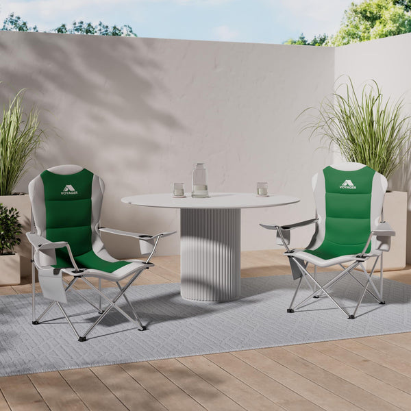 Voyager Folding Camping Chairs 2 Pack with Cooler Bag, Lightweight Q195 Steel Frame, 600D Oxford Fabric, Portable & Comfortable - Black (Black, Padded)