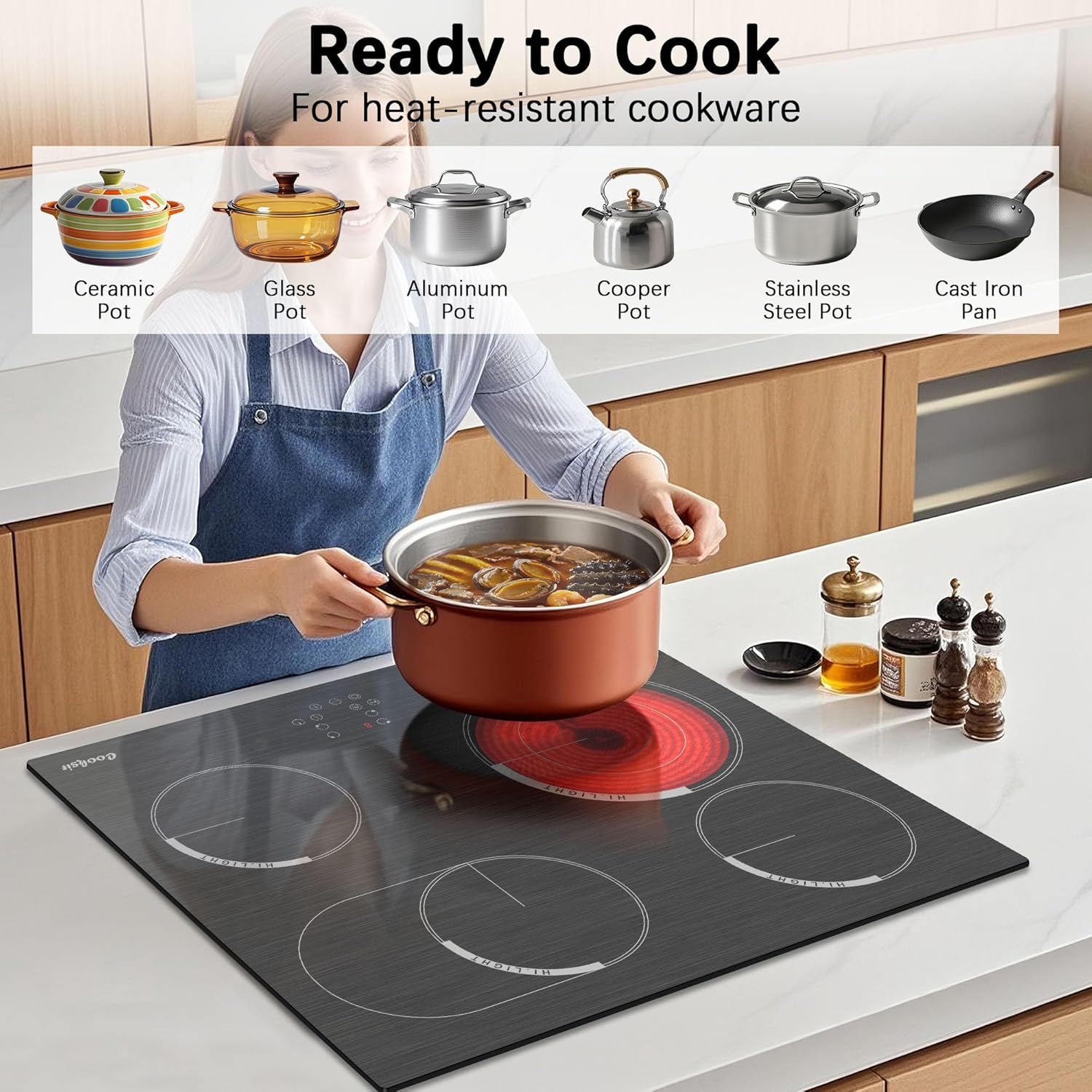 Cooksir Electric Hob 60cm, Ceramic Hob 4 Ring 6700W, Electric Hob 4 Zone with Expandable Dual and Oval Zone, Built-in Hob with Frame, Timer, Safety Lock, 220-240V(No Plug)