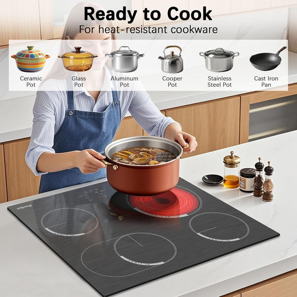 Cooksir Electric Hob 60cm, Ceramic Hob 4 Ring 6700W, Electric Hob 4 Zone with Expandable Dual and Oval Zone, Built-in Hob with Frame, Timer, Safety Lock, 220-240V(No Plug)