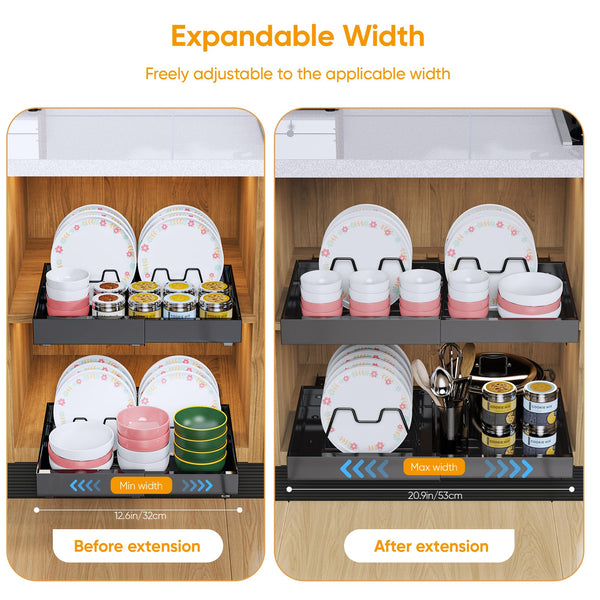 iHomara 2 Pack Expandable Pull Out Cabinet Organizer, Slide Out Drawers for Kitchen Cabinets, Pull 0ut Kitchen Storage 53cm deep with 8 crockery