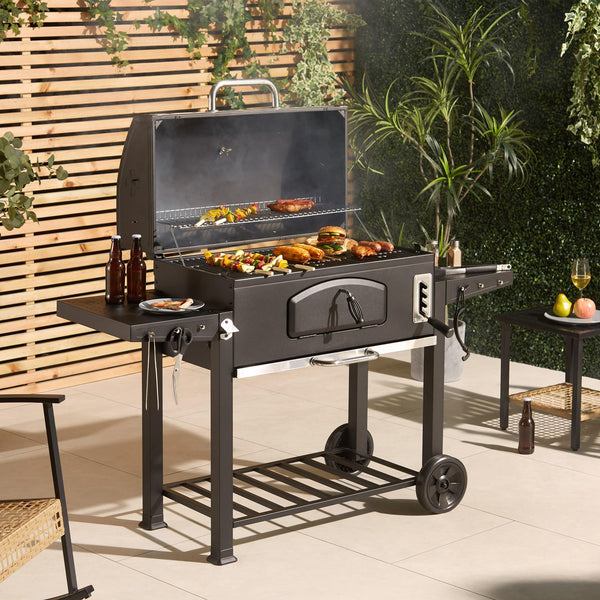 VonHaus Charcoal BBQ – XL Portable Barbecue with Warming Rack, Fold Down Shelves, Temperature Gauge, Wheels, Cooking Grill, Air Vents – 2 in 1 Barbeque and Smoker – Grill Meat, Fish & Vegetables