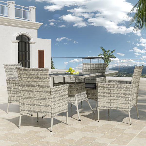 Trumbeak 4 Seater Rattan Dining Set with Cushions,Garden Furniture Set with Glass Top Table and 4 Armchairs,Outdoor Dining Table and Chairs Set for patio,Grey