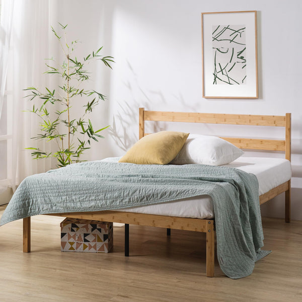 Zinus Ellie Single Bed Frame - Bed 90 x 190 cm - 36 cm Height with underbed storage - Bamboo and Wood Platform Bed Frame with Headboard, Brown