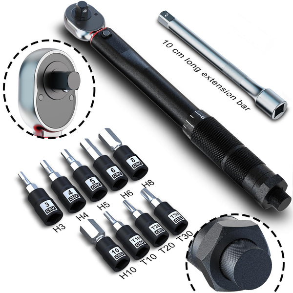 1/2" Torque Wrench Set, Car Wheel Torque Spanner 20-230 Nm with 3/8'' Adapter, ± 3% Accuracy, 72 Tooth for Car Repair, Tire Replacement Etc
