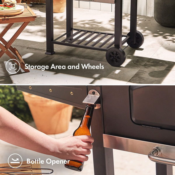 VonHaus Charcoal BBQ – XL Portable Barbecue with Warming Rack, Fold Down Shelves, Temperature Gauge, Wheels, Cooking Grill, Air Vents – 2 in 1 Barbeque and Smoker – Grill Meat, Fish & Vegetables