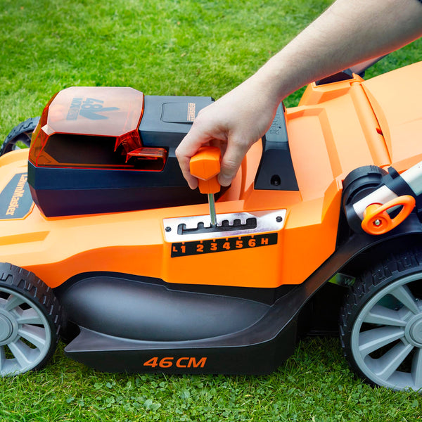 LawnMaster 48V 46cm Cordless Lawnmower with a Set of 2 MX 24V 4.0Ah Batteries, 2x Fast Chargers, Rear Roller, Grass Side Eject and Mulching Function. Battery Lawnmower for Larger Lawns.