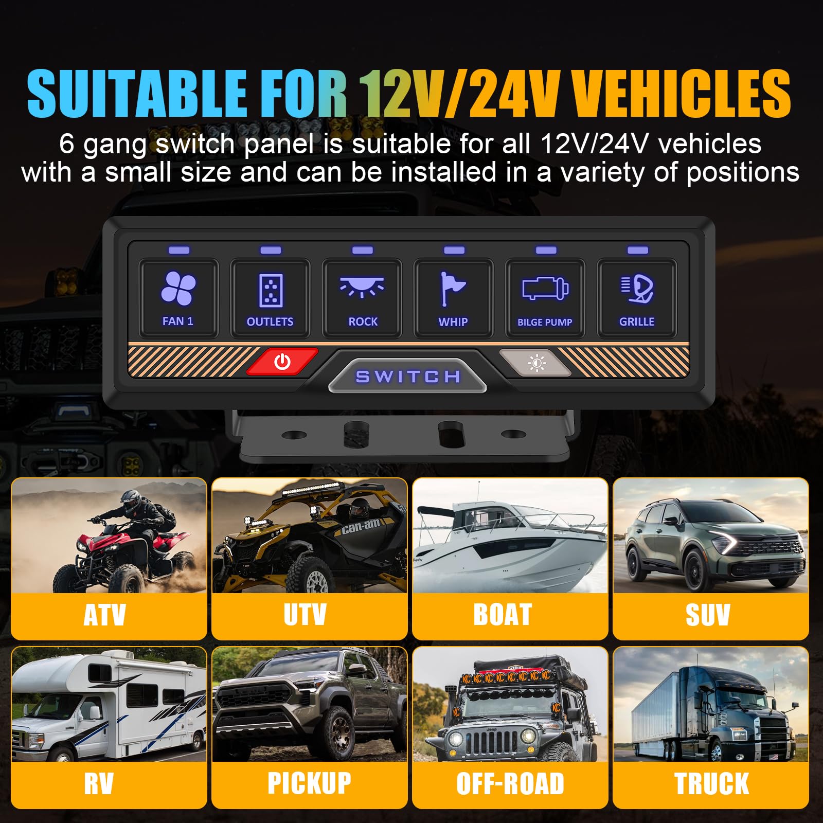 Chelhead 12V/24V Switch Control Panel RGB 6 Gang Dimmable Multi-Function Programmable Switch Panel Acc Battery Control Waterproof, Compatible with Truck Boat SUV RV Trailer Marine ATV UTV