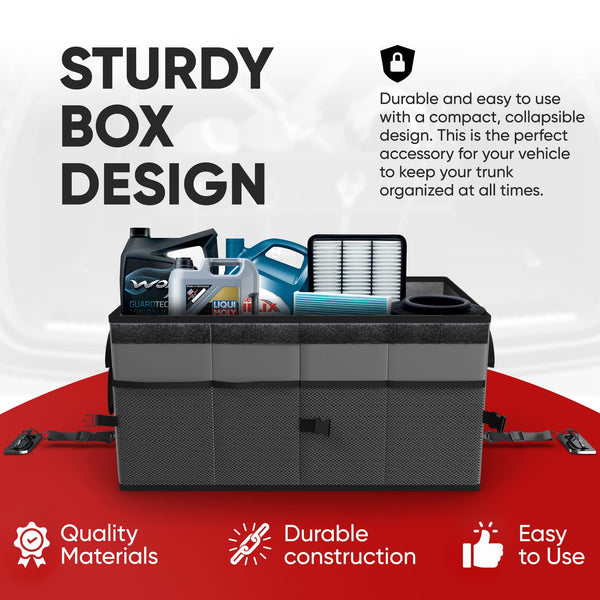 FORTEM Car Boot Organiser, Collapsible Multi Compartment SUV Organizer, Foldable Storage for Car Accessories for Women Men, 600D Oxford, Non Slip Bottom, Securing Straps, Soft Cover (50L)