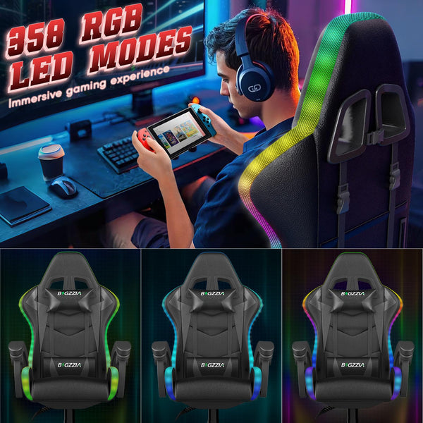 bigzzia RGB Gaming Chair with LED Lights and Ergonomic Computer Chair Reclining PU Leather High Back Video Game Chair with Headrest Adjustable Lumbar Support Linkage Armrest for Adults (Black/Grey)