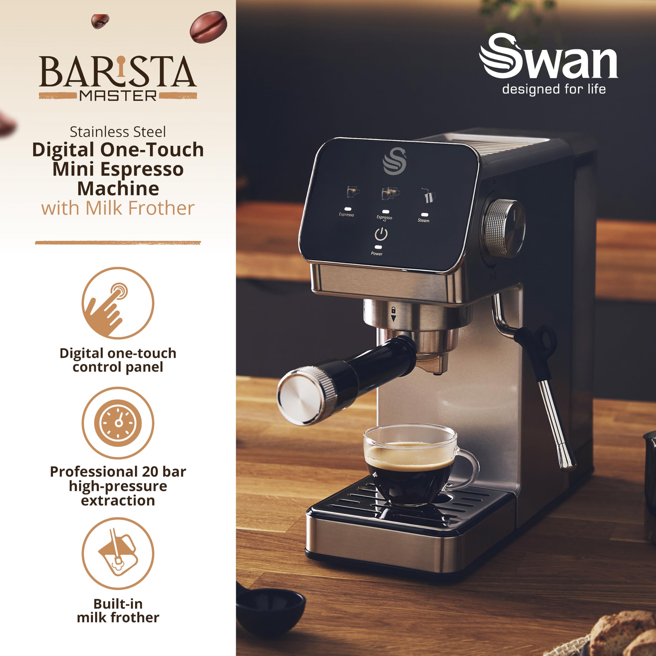 Swan SK22154 Pump Espresso Digital Coffee Machine, Digital Touch Controls with 8 Pre-Sets, 20 Bar Pressure, Built-in Automatic Milk Frother with 500ml Tank, Black