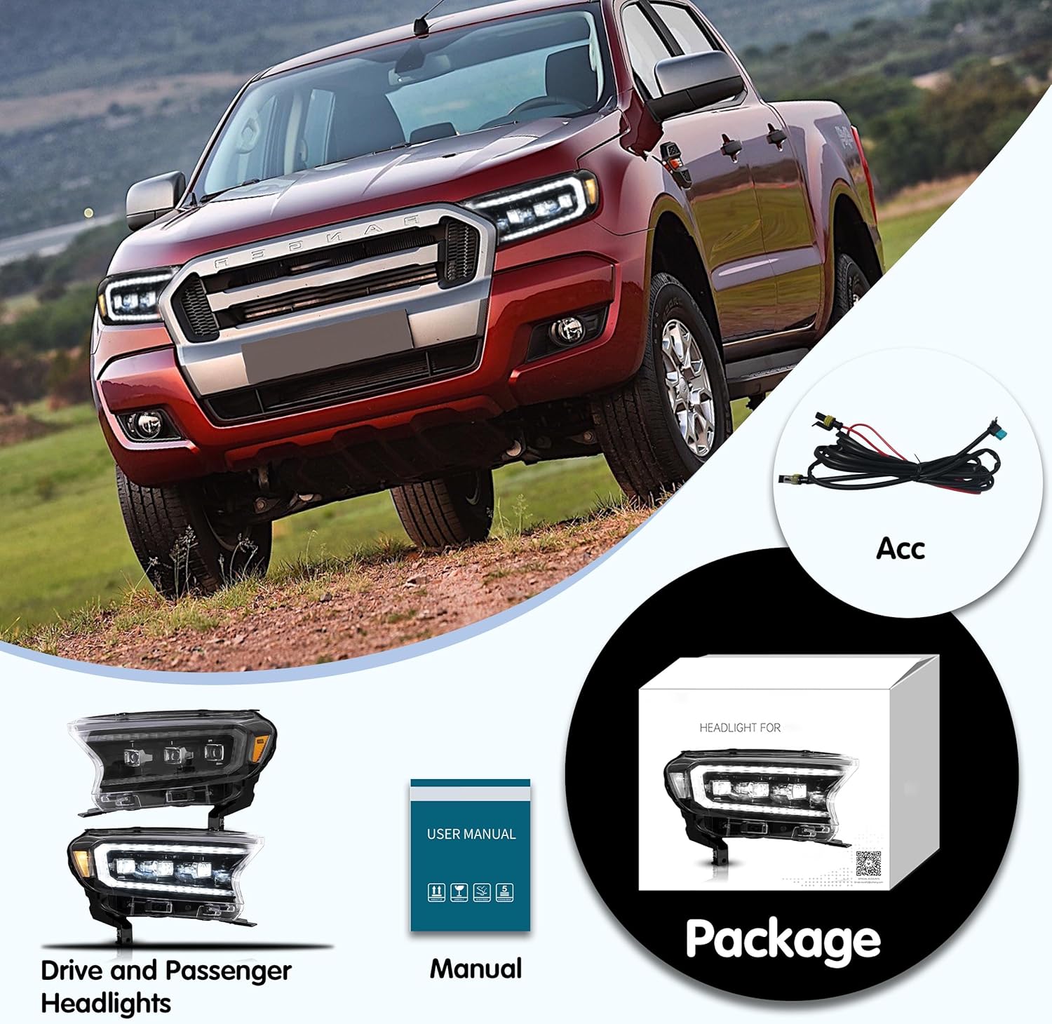 VLAND Headlight Pair Suitable for Ranger T6 T7 T8 T8 XL XLT Wildtrak 2015-2021 with Sequential Indicators (Clear) LHD