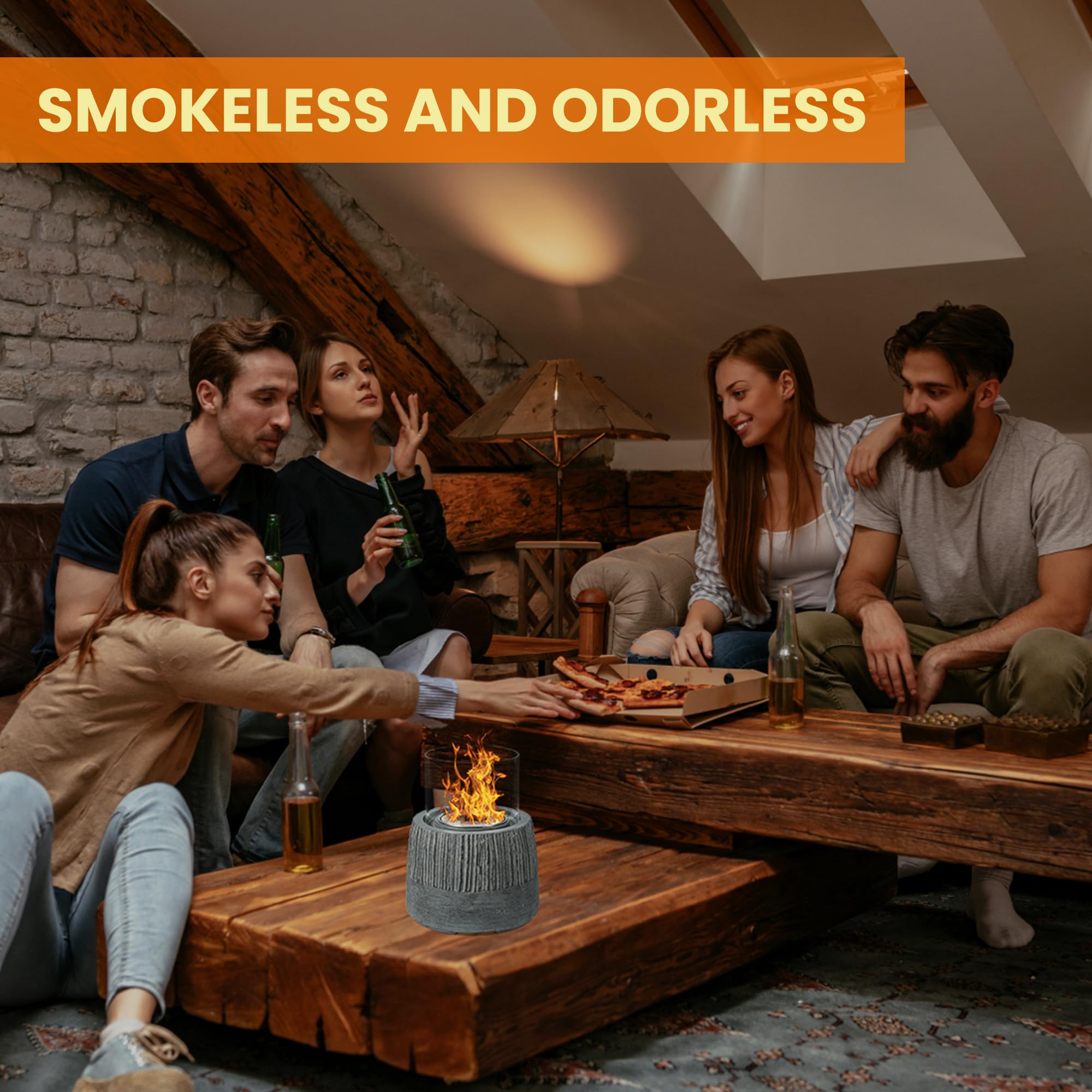 VOSSMOON Tabletop Fire Pit, Bioethanol Table Top Fire Bowl, Portable Round Fireplace indoor or Outdoor, Concrete Table Top Patio Heater Ethanol Burner with Tempered Glass for Potluck or Camping, Black