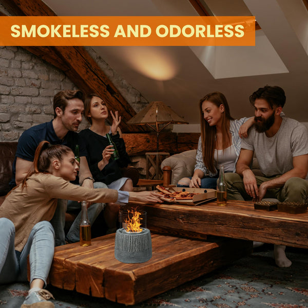 VOSSMOON Tabletop Fire Pit, Bioethanol Table Top Fire Bowl, Portable Round Fireplace indoor or Outdoor, Concrete Table Top Patio Heater Ethanol Burner with Tempered Glass for Potluck or Camping, Black