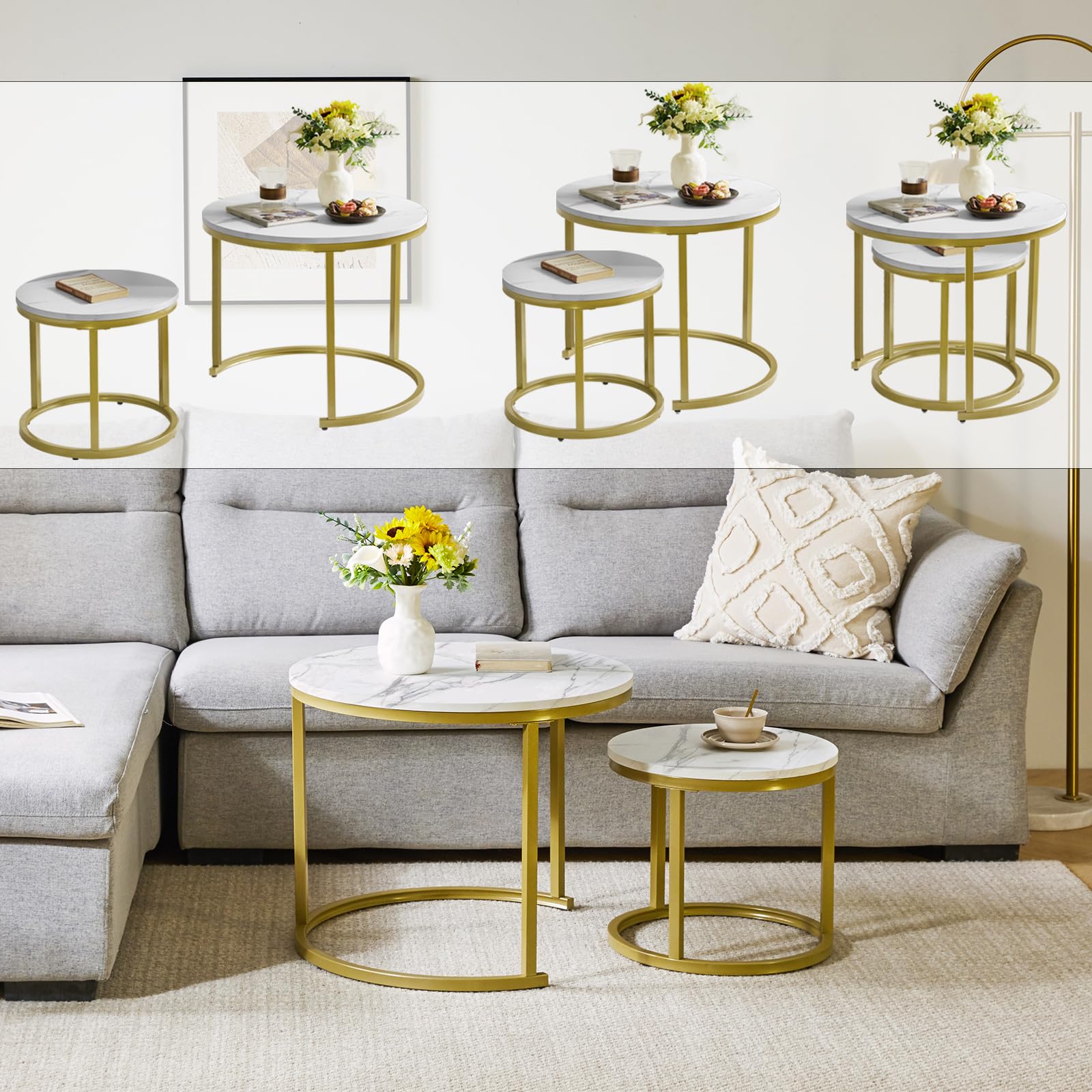 IBUYKE Round Nesting Table, Removable Set of 2 Coffee Tables, Stacking Sofa Side Table End Table, for Living Room, Bedroom, Office, Balcony,