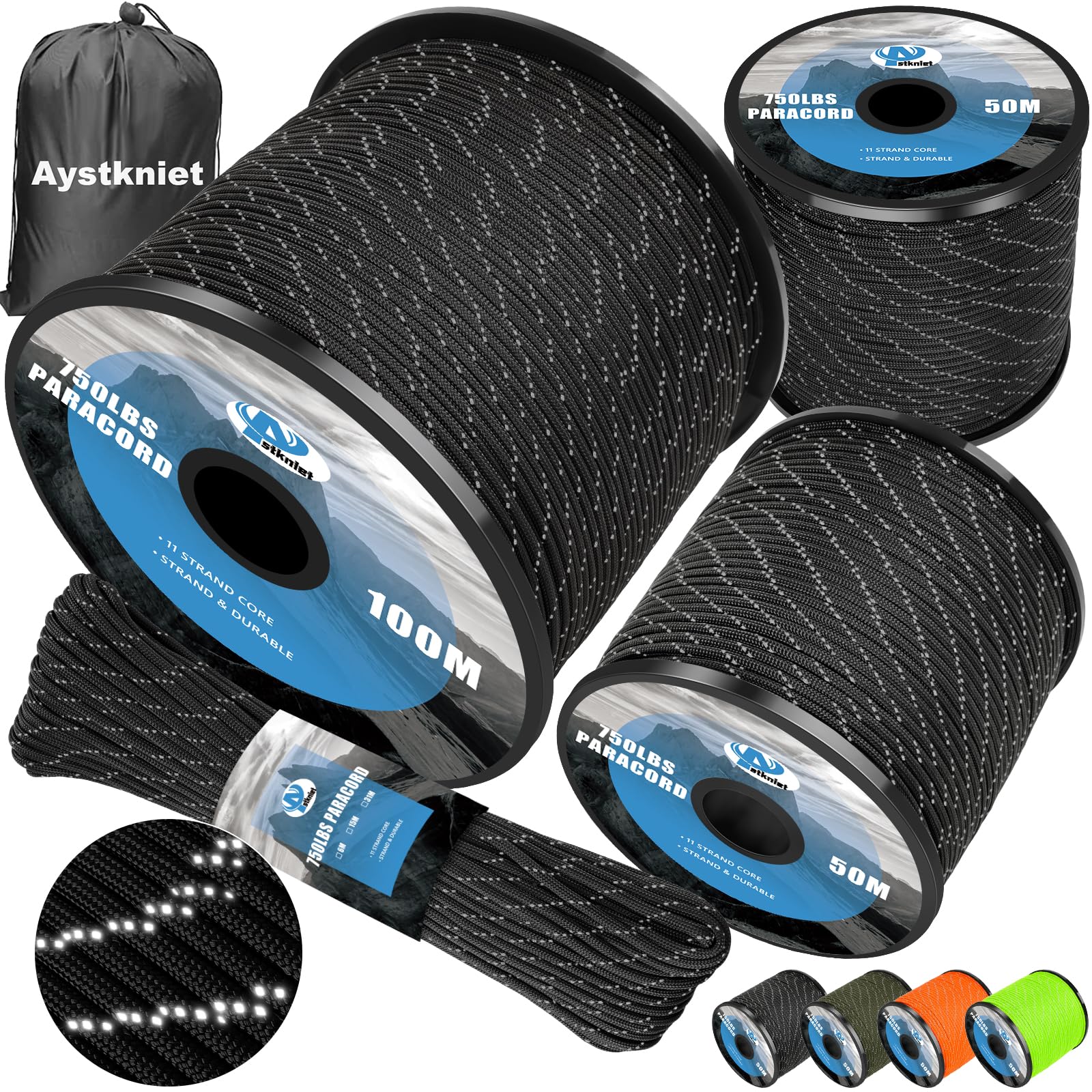 Aystkniet 750LB Paracord Rope, 11 Strands Parachute Cord 50M / 164FT, 4mm Reflective Tactical Rope | Ideal for Paracord Bracelet Kit, DIY, Crafting, Camping, Survival, Outdoor and Home Improvement