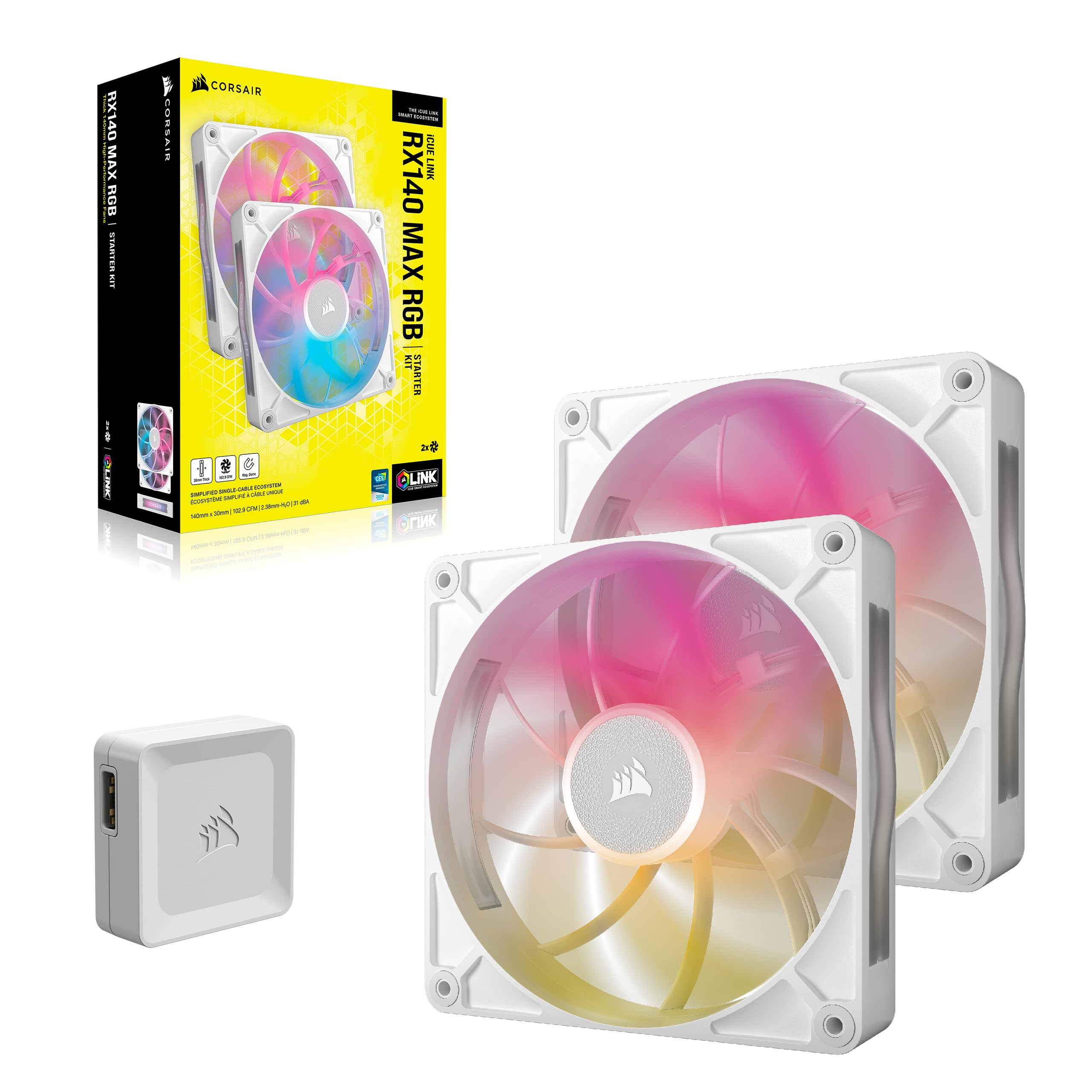 CORSAIR iCUE LINK RX120 MAX RGB 120mm PWM Thick Fans with iCUE LINK System Hub – High-Static Pressure – Magnetic Dome Bearing – Triple Pack – White