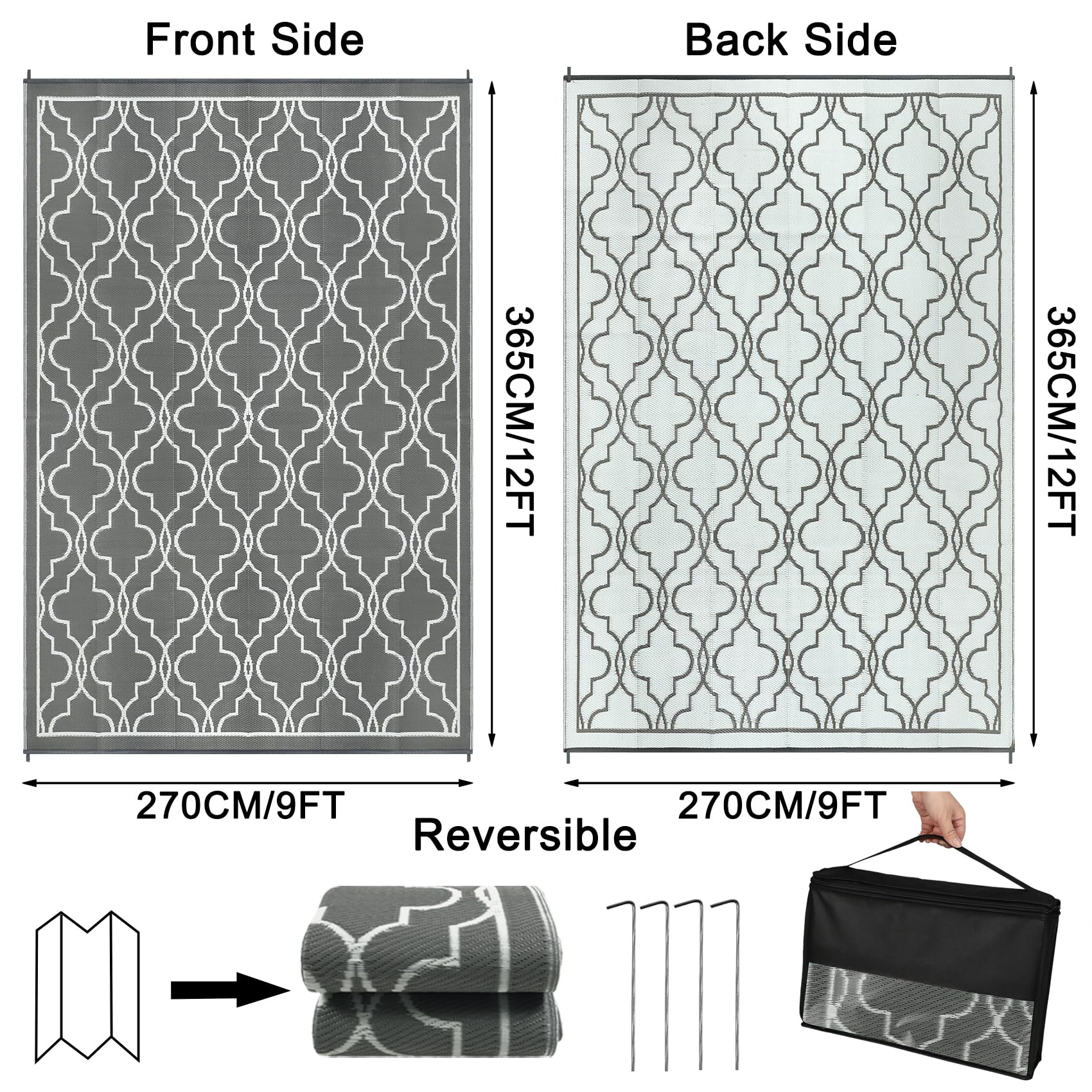 Cekene Large Outdoor Rug Waterproof Black 245x305cm Patio Rugs Reversible RV Camping Mat Lightweight Plastic Portable Outdoor Carpet for Picnic Porch Deck Backyard BBQ Beach