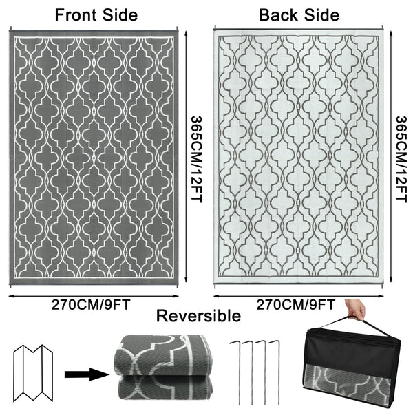 Cekene Large Outdoor Rug Waterproof Black 245x305cm Patio Rugs Reversible RV Camping Mat Lightweight Plastic Portable Outdoor Carpet for Picnic Porch Deck Backyard BBQ Beach