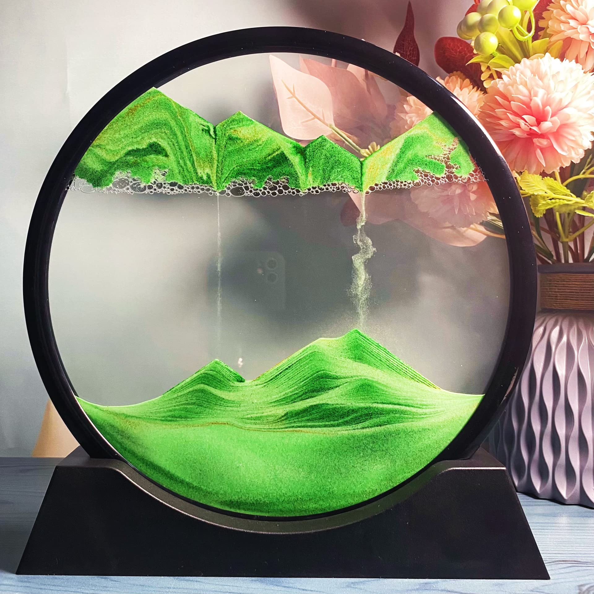 Arthink Moving Sand Art Picture,Liquid Motion 3D Sea Sandscape in Motion Display, Flowing Sand Frame Desktop Art Bookshelves Home Office Decoration(12 inch, Green)