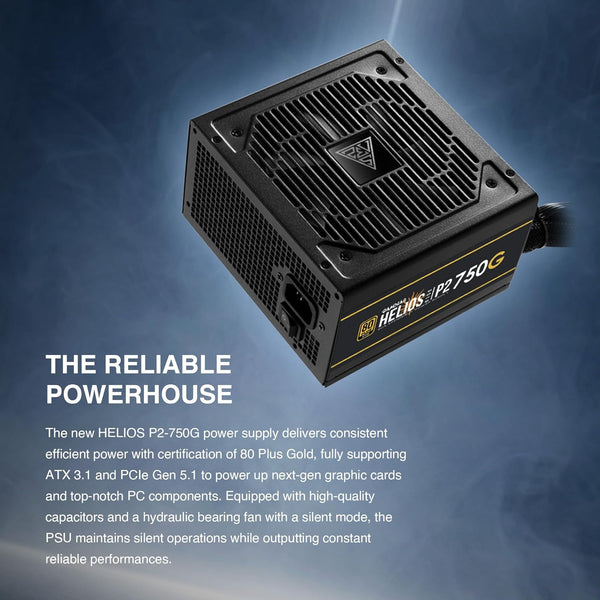 GAMDIAS HELIOS P2-750G Low-Noise ATX PC Power Supply, 80 PLUS Gold Non-Modular Computer PSU, ATX 3.1 & PCIe Gen 5.1 Ready, Native 12VHPWR Cable, Full DC-DC, LLC Resonant Circuit Design, Black