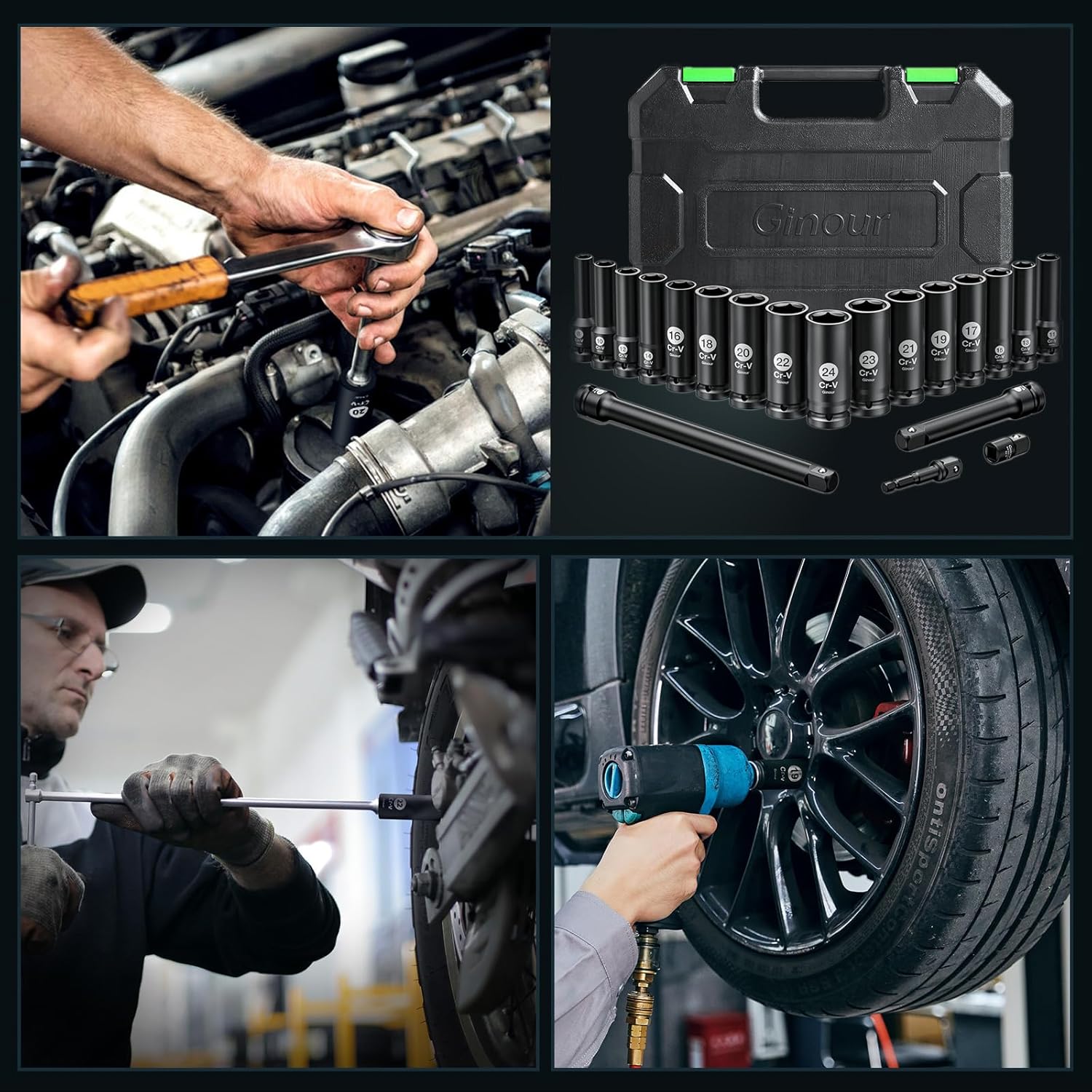 Ginour 20PCs Impact Socket Set 1/2 Inch, CR-V Drive Master Deep Impact Socket Set 8mm - 24mm, Metric, 6 Point, with 3pcs Drive Impact Extension Bar Set 3", 5",10"