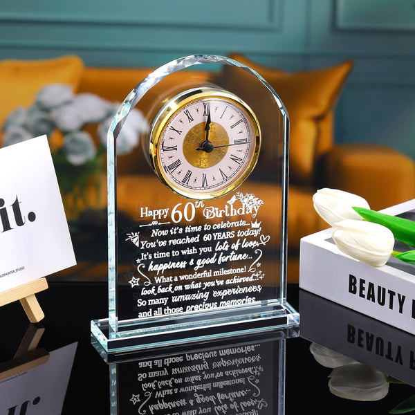 Happy 60th Birthday Quartz Clock Gifts for Women Men, Glass Keepsake Happy 60th Birthday Presents for Her Turning 60 Years Old Ornament