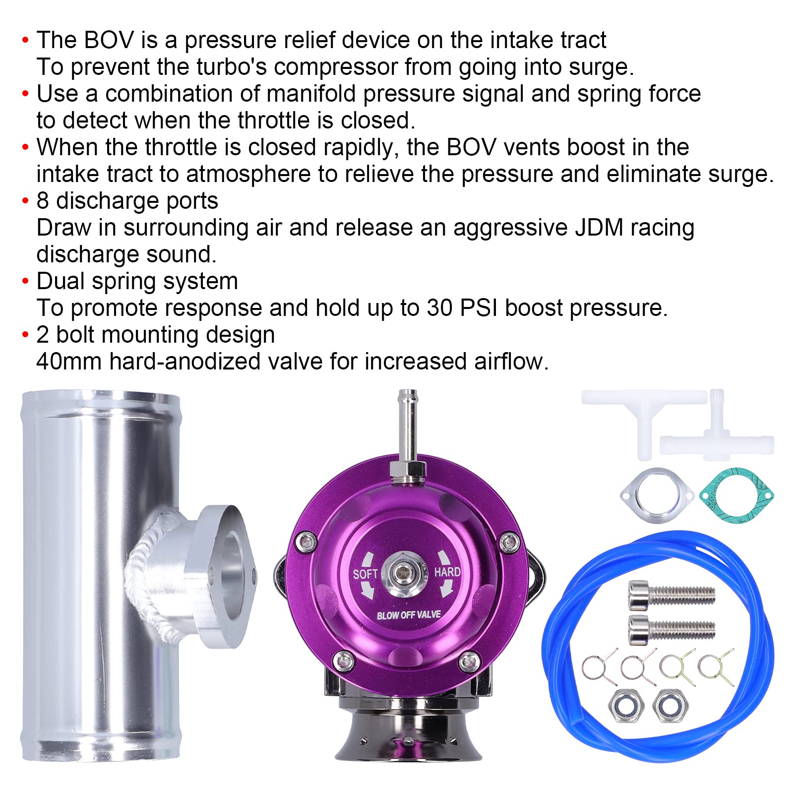 Turbo Blow Off Valve kit, Akozon Universal SDD‑BOVGRSBL FPG250 Aluminium Billet Turbo Blow Off Valve with 2.5in Flange Pipe Type‑RS(Purple)