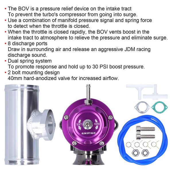 Turbo Blow Off Valve kit, Akozon Universal SDD‑BOVGRSBL FPG250 Aluminium Billet Turbo Blow Off Valve with 2.5in Flange Pipe Type‑RS(Purple)