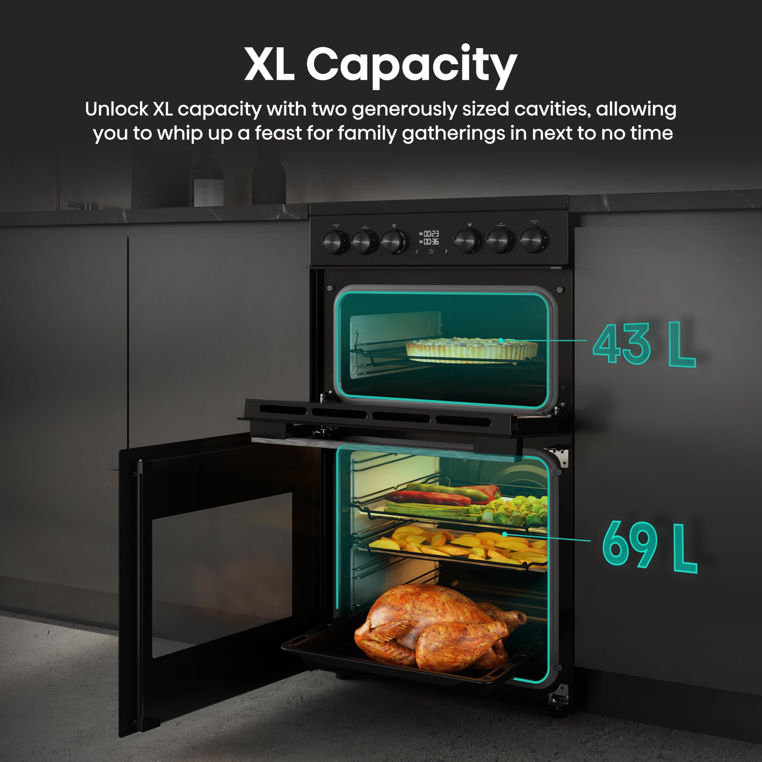 Hisense HDE3211BBUK 60cm Electric Cooker with Ceramic Hob-Black , A Rated Double Oven