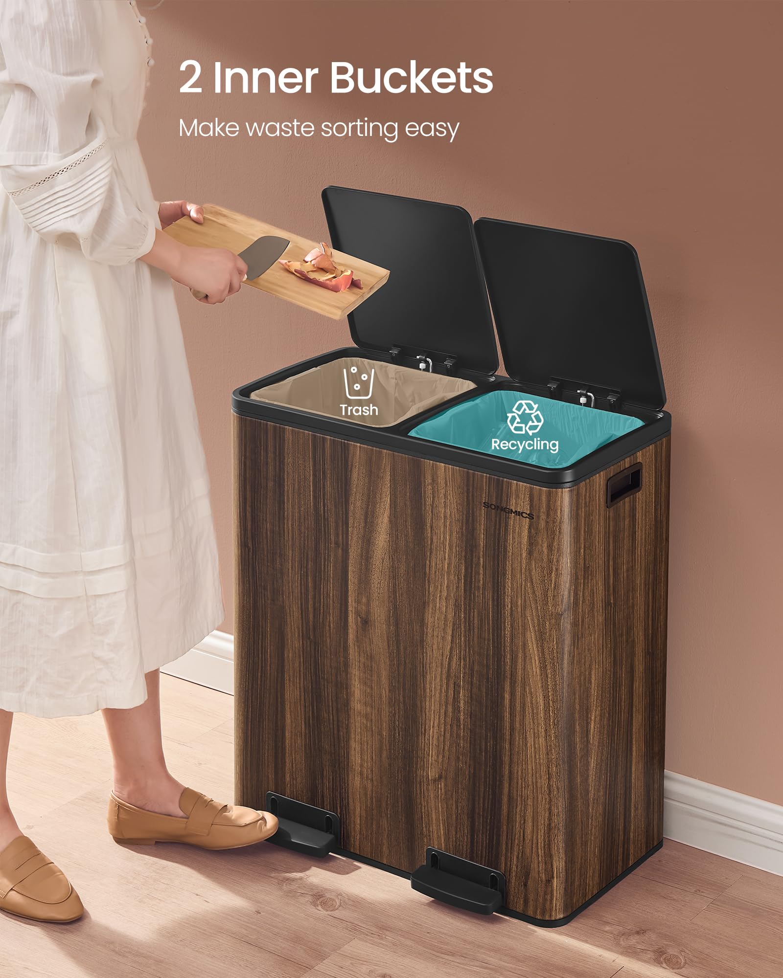 SONGMICS Dual Rubbish Bin, 2 x 30 L Recycling Bin with 15 Rubbish Bags, 2-Compartment Metal Pedal Bin with Lids and Plastic Inner Buckets, Soft Closure, Slate Grey LTB060G01