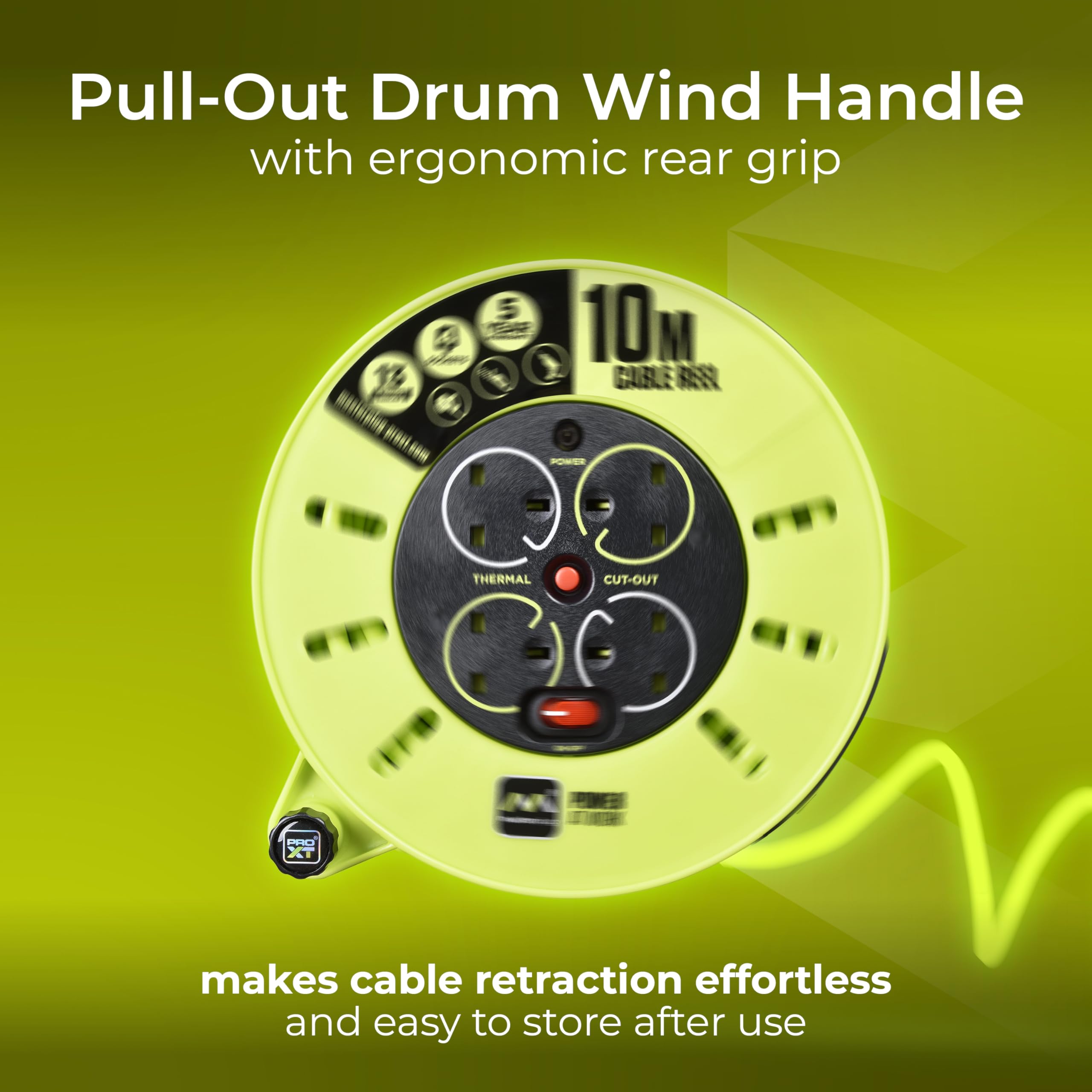Masterplug Pro-XT Four Socket Open Cable Reel Extension Lead with Winding Handle, Thermal Cut Out and Power Switch, 25 Metres High Visibility Cable , Green