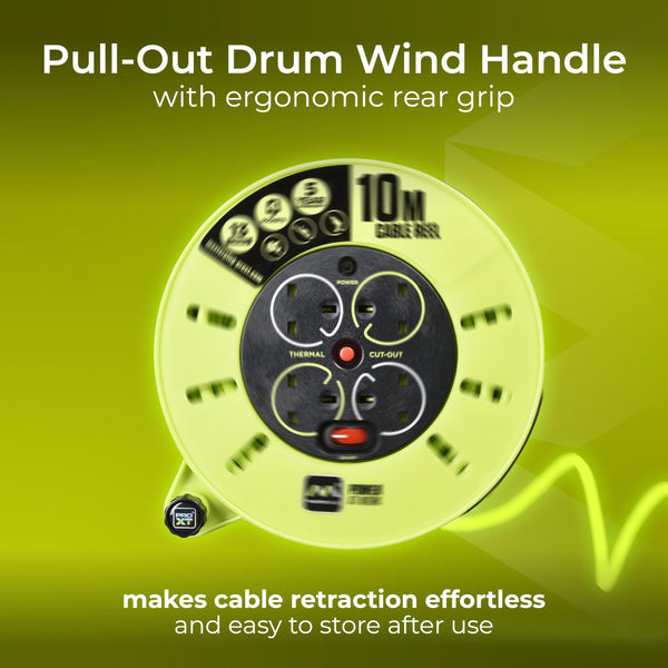 Masterplug Pro-XT Four Socket Open Cable Reel Extension Lead with Winding Handle, Thermal Cut Out and Power Switch, 25 Metres High Visibility Cable , Green