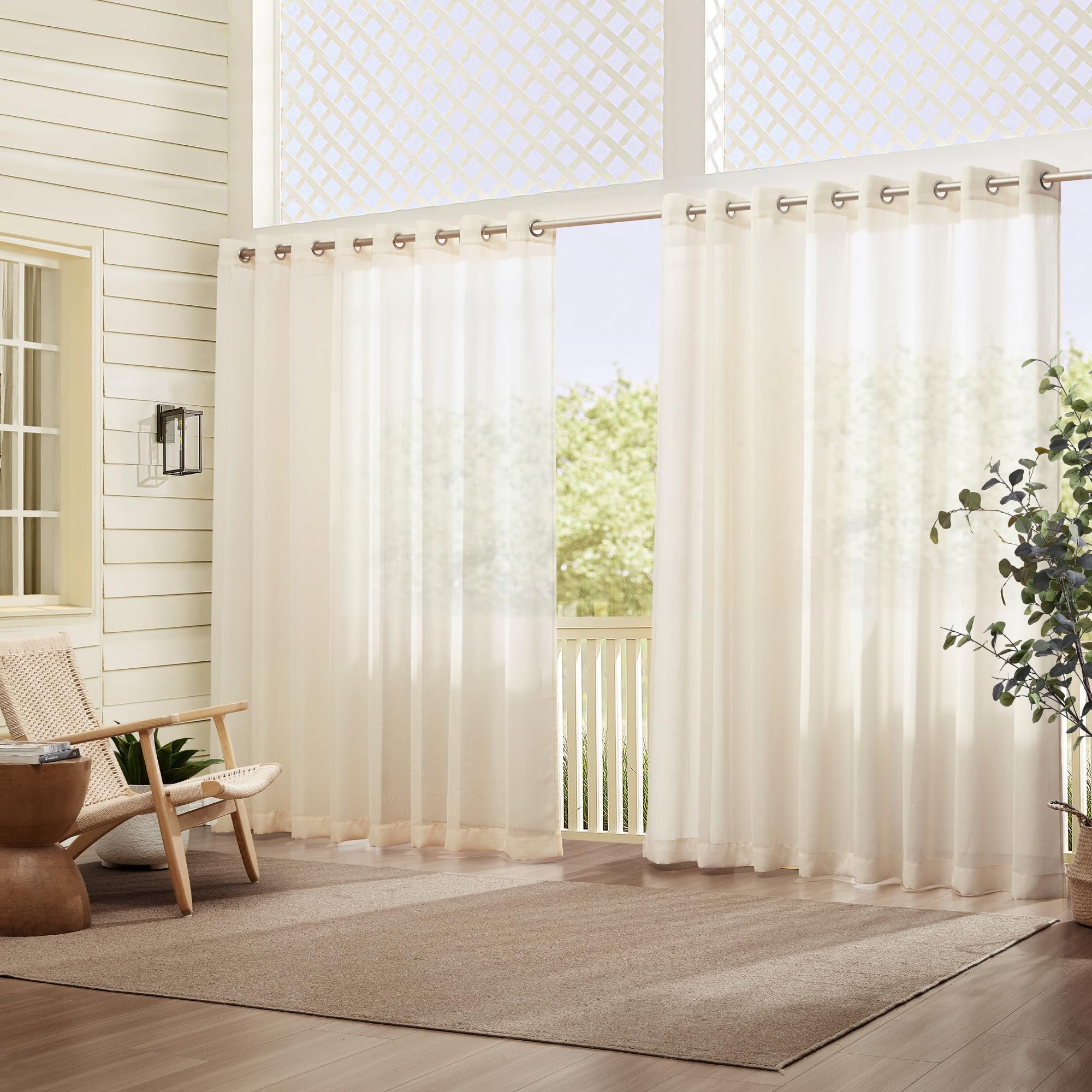 Elrene Home Fashions Carmen Sheer Extra-Wide Weatherproof Indoor/Outdoor Grommet Top Curtain Panel with Coordinating Tieback for Porch, Pergola,