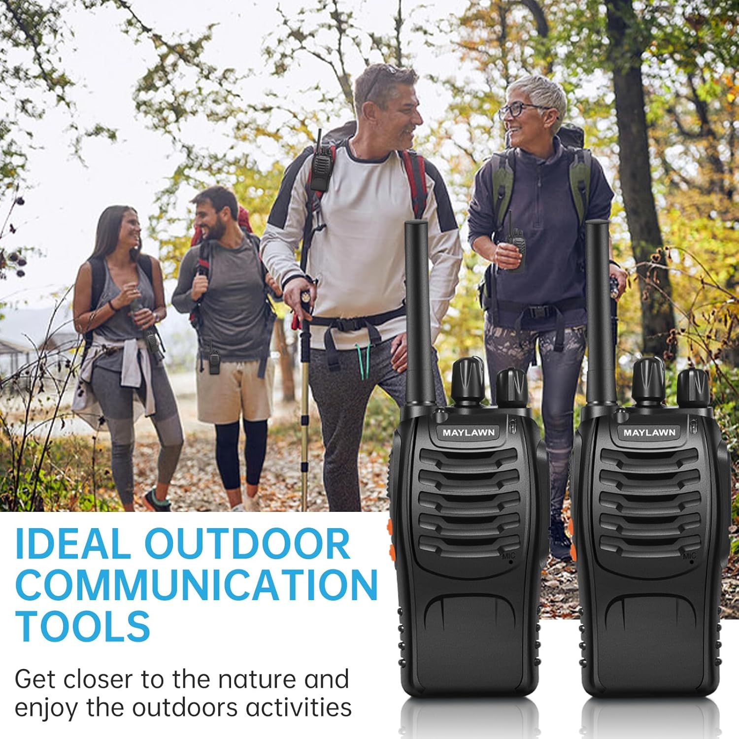 Maylawn Walkie Talkies Pack of 4, Long Range Walkie Talkies for Adults with Rechargeable Batteries, Portable 2 Way Radio with LED Light Earpieces 16CH Supports VOX Function (PMR446)
