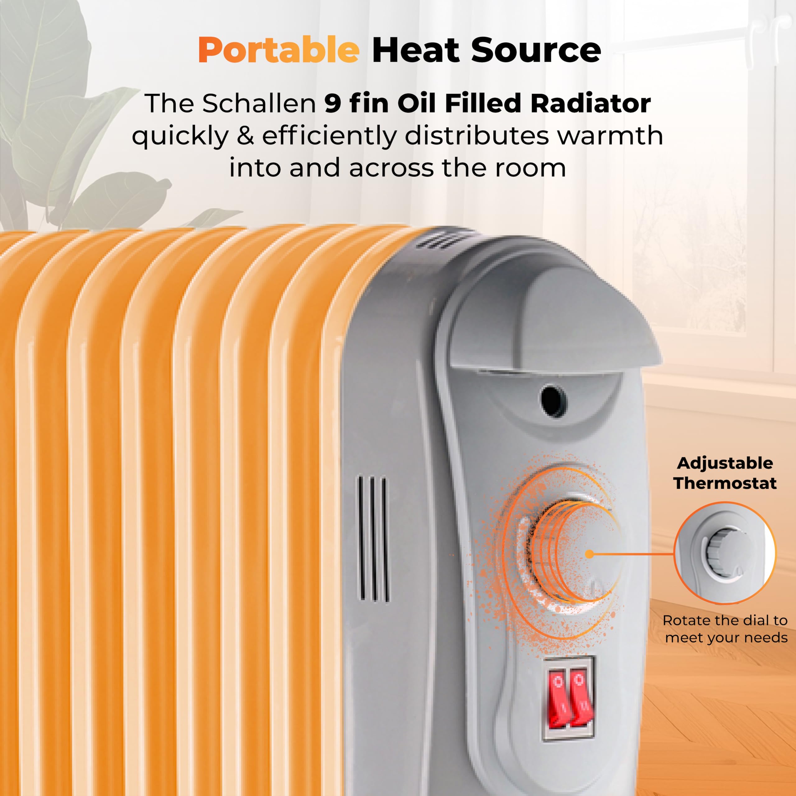 Schallen 1500W 7 Fin Portable Electric Slim Oil Filled Radiator Heater with Adjustable Temperature Thermostat, 3 Heat Settings & Safety Cut Off | 1.5Kw GREY